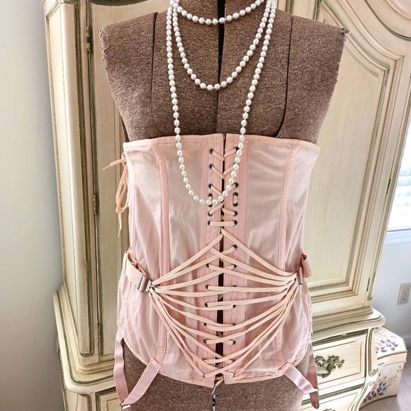 VINTAGE "CAMP" BALLERINA PINK FAN LACE UP CORSET! COTTON/ RAYON. UNWORN! - Picture 3 of 16